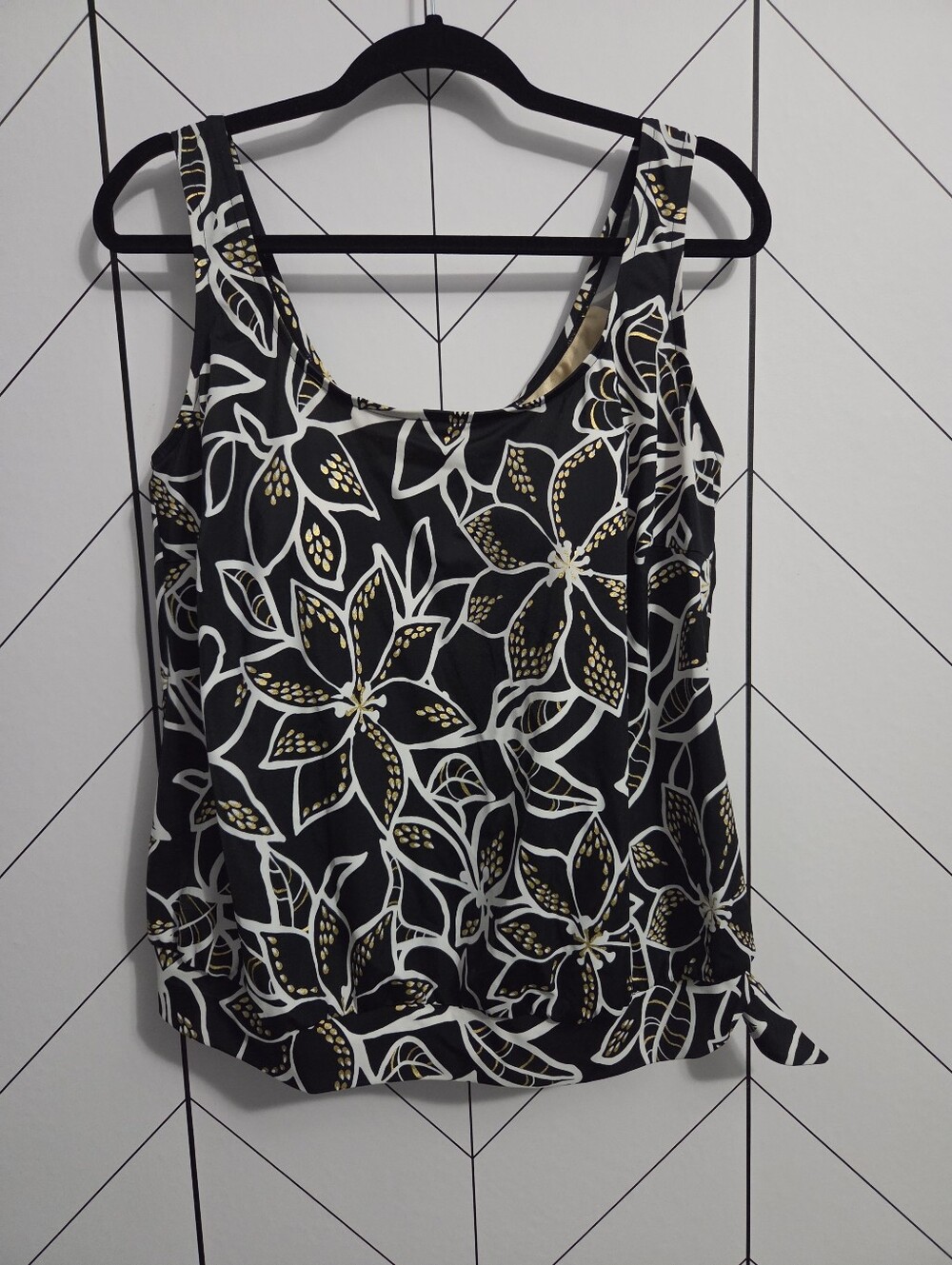 Rose Marie Reid Black, White and  Gold Floral Foil Tankini Swim Top, Plus 18W